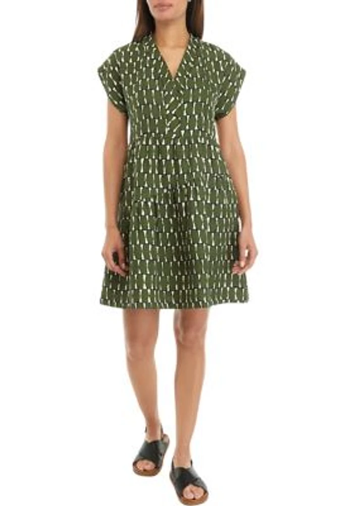 Women's Short Sleeve V-Neck Asymmetrical Tiered Printed A-Line Dress