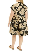 Plus Short Sleeve V-Neck Floral Print Linen Dress