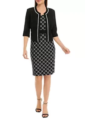 Studio One New York Women's 3/4 Sleeve Textured Knit Geometric Color Block Jacket Dress