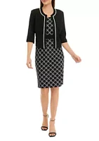 Studio One New York Women's 3/4 Sleeve Textured Knit Geometric Color Block Jacket Dress