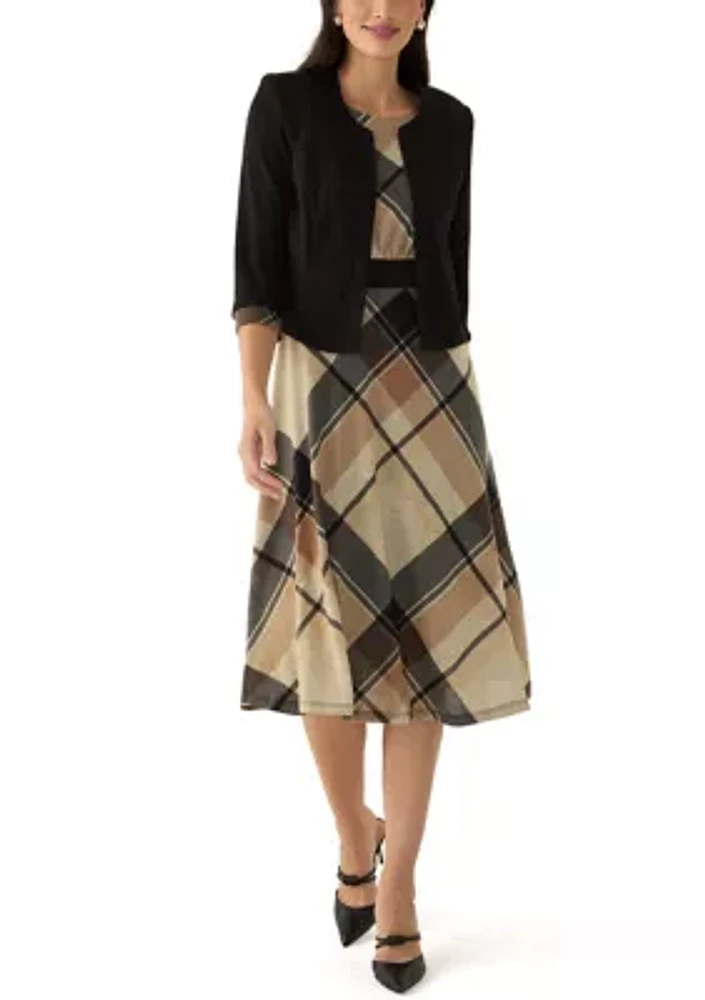 Women's Sleeveless Plaid Dress and 3/4 Sleeve Jacket