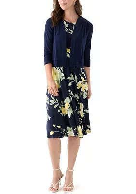 Women's 3/4 Sleeve Crew Neck Floral Print Jacket Dress