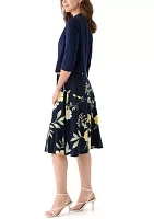 Women's 3/4 Sleeve Crew Neck Floral Print Jacket Dress