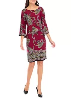 Women's 3/4 Sleeve Crew Neck Paisley Print A-Line Dress