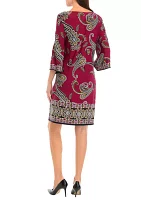 Women's 3/4 Sleeve Crew Neck Paisley Print A-Line Dress