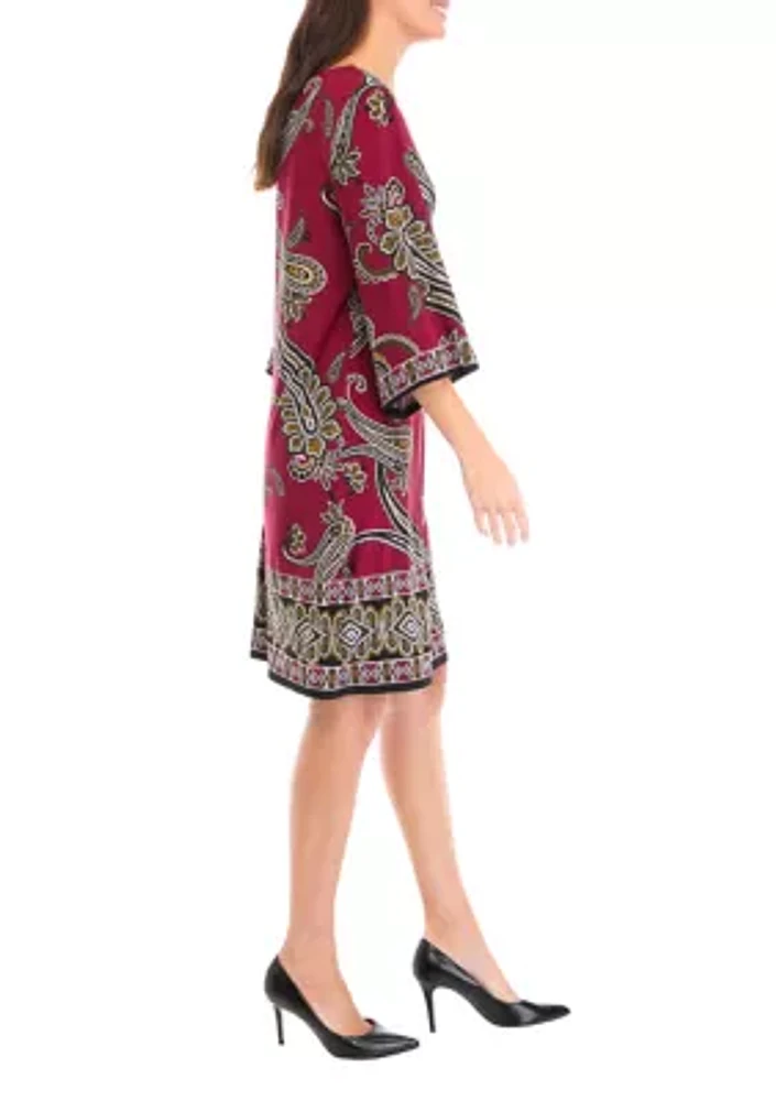 Women's 3/4 Sleeve Crew Neck Paisley Print A-Line Dress