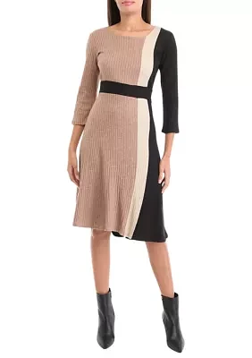 Women's 3/4 Sleeve Color Block A-Line Dress