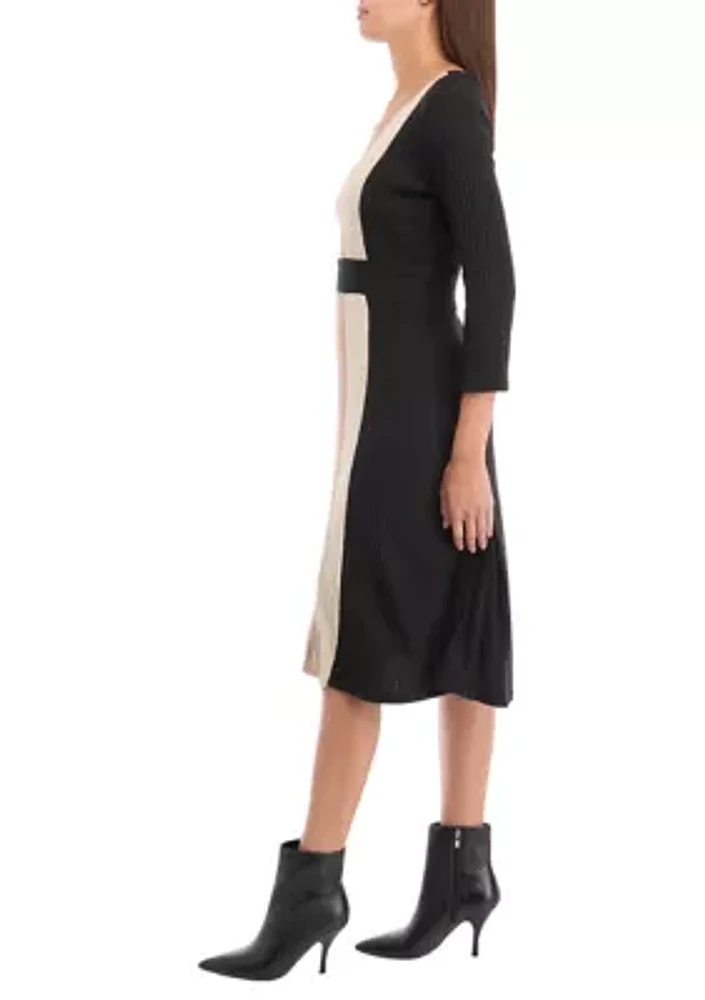 Women's 3/4 Sleeve Color Block A-Line Dress