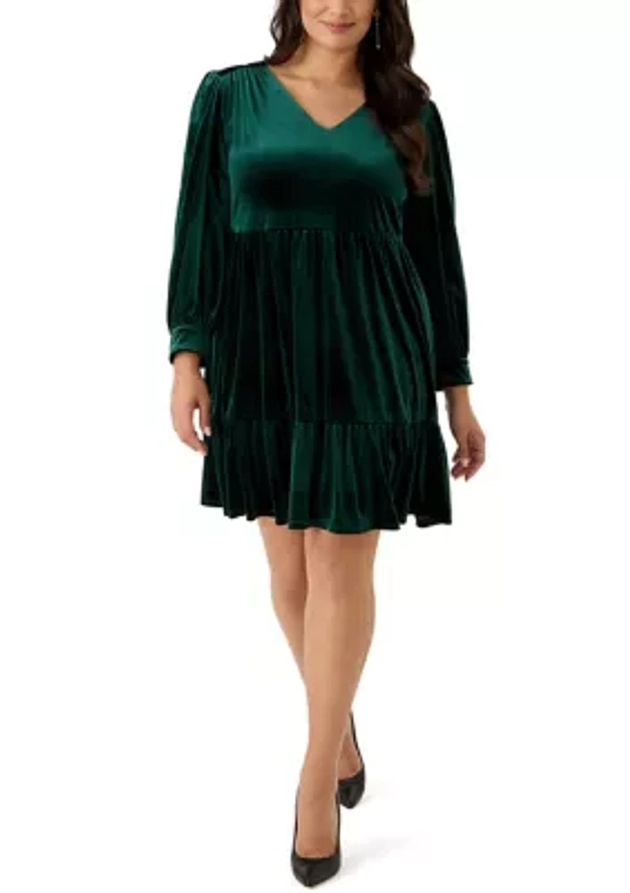 Plus Long Sleeve V-Neck Velvet A-Line Dress