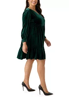 Plus Long Sleeve V-Neck Velvet A-Line Dress