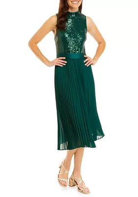 Women's Sleeveless Mock Neck Sequin 2Fer Midi Dress