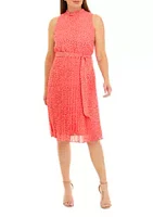 Sandra Darren Women's Sleeveless Mock Neck Dot Print Pleated Midi Dress