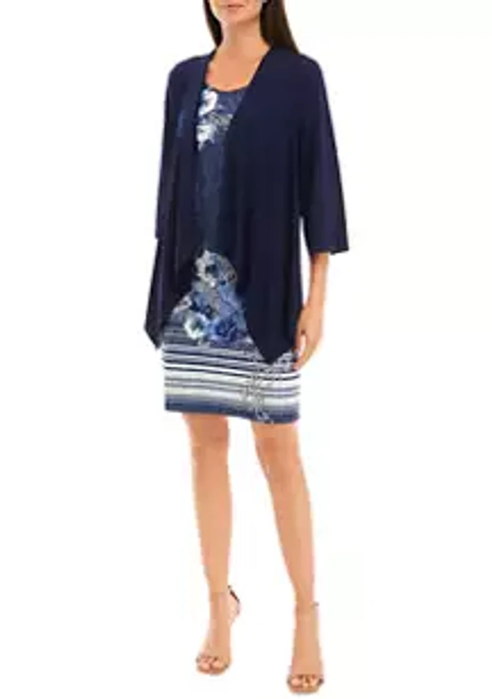 Sandra Darren Women's 3/4 Sleeve Solid Jacket and Denim Printed Sheath Dress Set