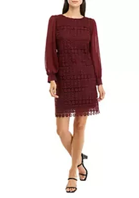 Sandra Darren Women's Long Sleeve Chiffon Solid Lace Shift Dress