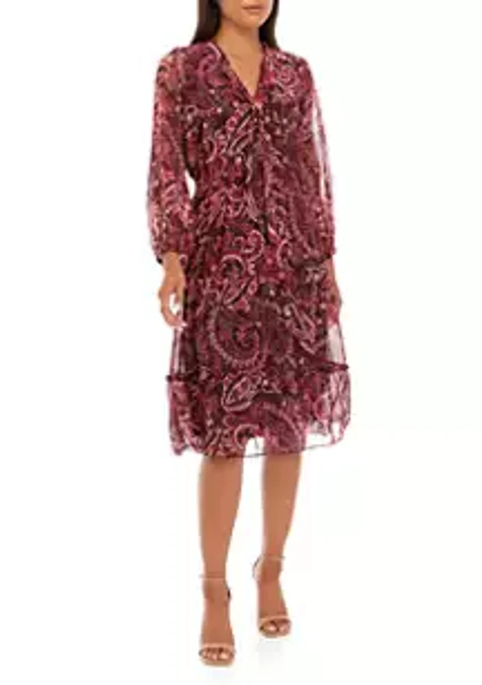 Sandra Darren Women's Long Sleeve Paisley Tie Neck Chiffon Dress