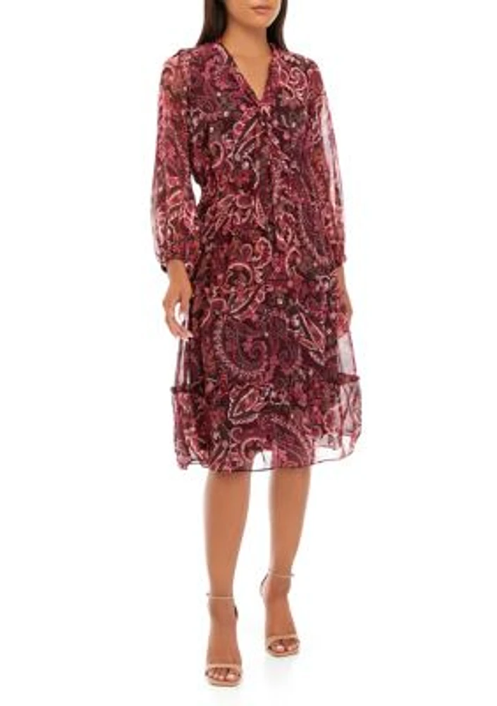 Women's Long Sleeve Paisley Tie Neck Chiffon Dress