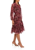 Women's Long Sleeve Paisley Tie Neck Chiffon Dress