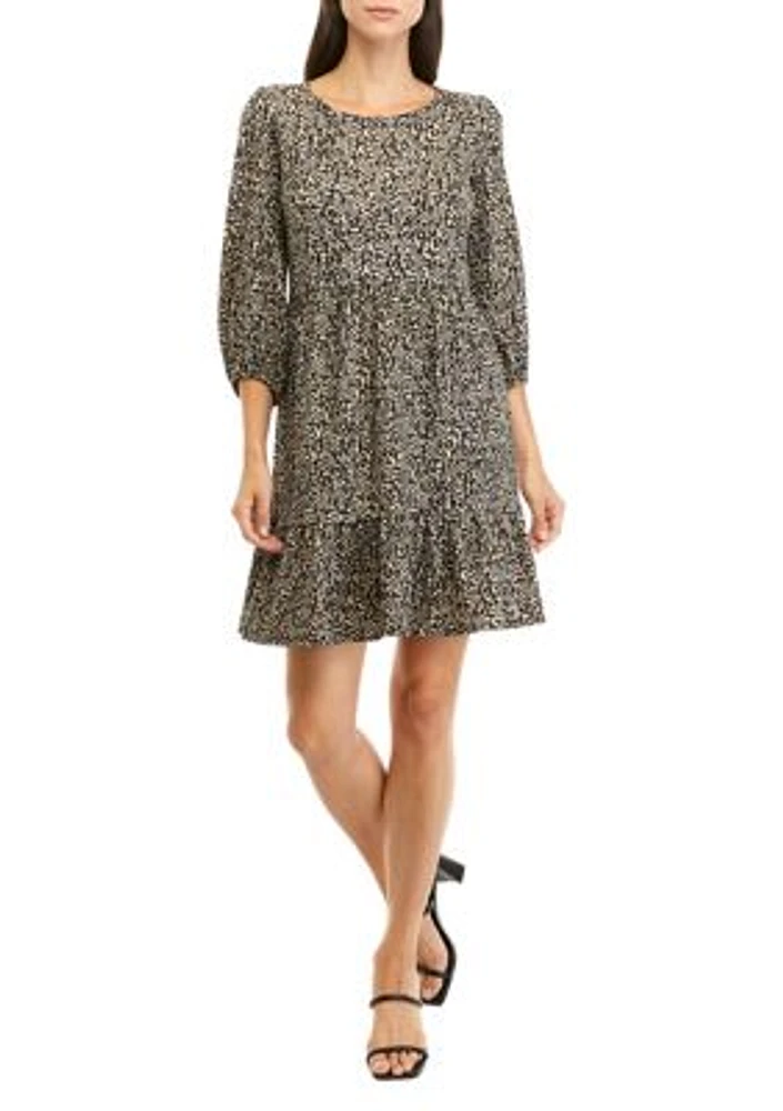 Women's 3/4 Sleeve Jewel Neck Animal Printed Crepe Babydoll Dress