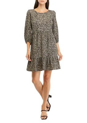 Women's 3/4 Sleeve Jewel Neck Animal Printed Crepe Babydoll Dress