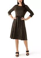 Women's 3/4 Sleeve Crew Neck Solid Tie Waist Glitter Fit and Flare Dress