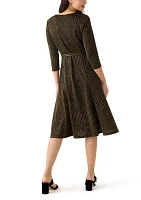 Women's 3/4 Sleeve Crew Neck Solid Tie Waist Glitter Fit and Flare Dress