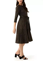 Women's 3/4 Sleeve Crew Neck Solid Tie Waist Glitter Fit and Flare Dress