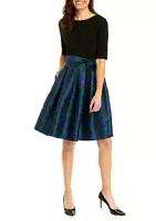 52seven Women's Solid Black Top Green Plaid Bottom Fit & Flare Dress