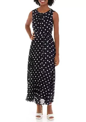 Sandra Darren Women's Sleeveless Dot Print Chiffon Blouson Pleated Maxi Dress
