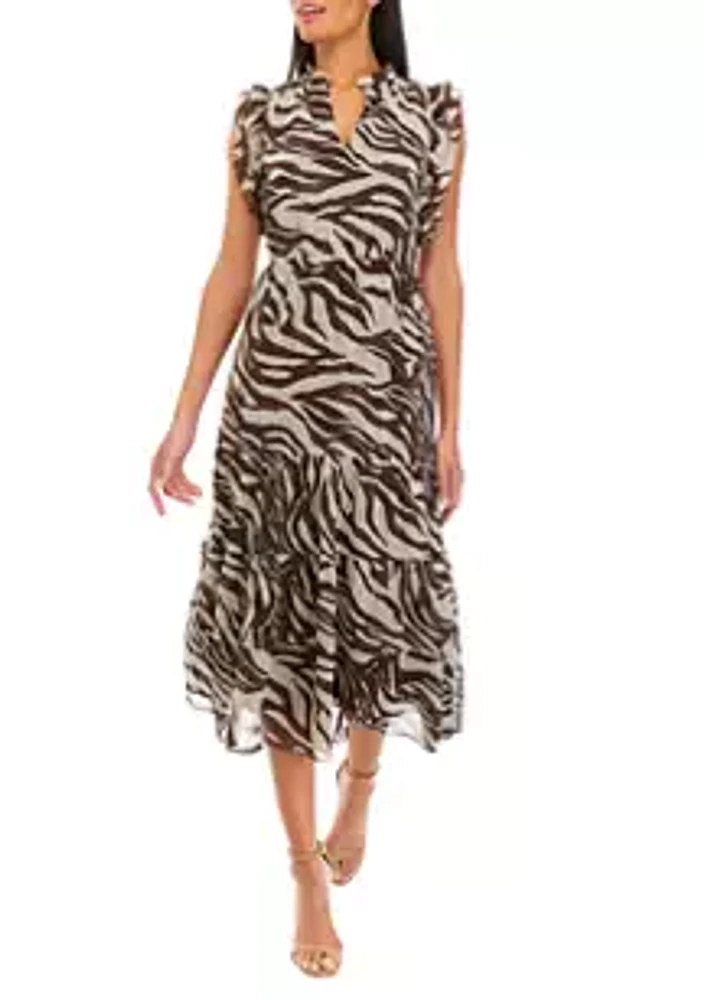 Sandra Darren Women's Short Ruffle Sleeve V-Neck Zebra Print Midi Dress