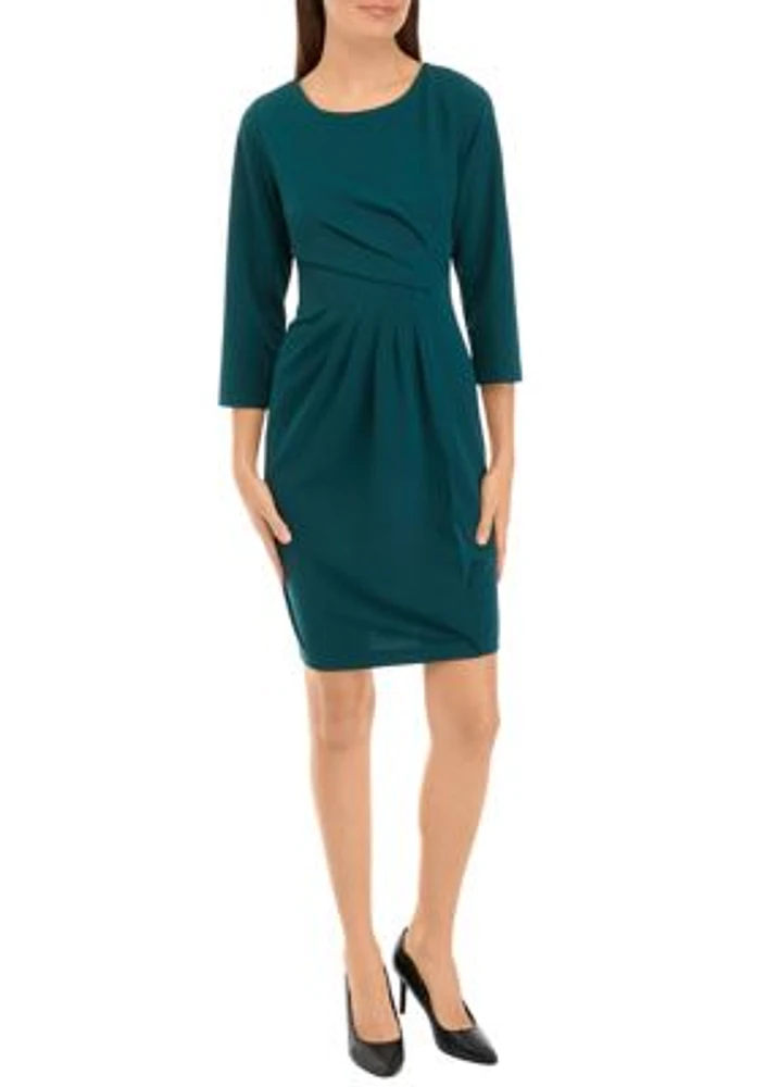 Women's 3/4 Sleeve Side Drape Solid Scuba Crepe Sheath Dress