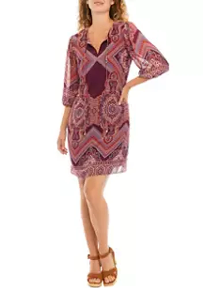 Sandra Darren Women's 3/4 Sleeve Abstract Print Split Neck A-Line Dress