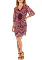 Women's 3/4 Sleeve Abstract Print Split Neck A-Line Dress