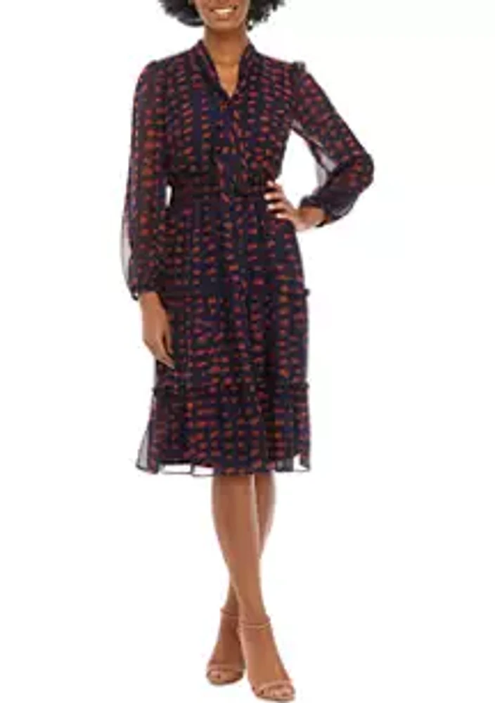 Sandra Darren Women's Long Sleeve Tie Neck Dot Print Chiffon Dress