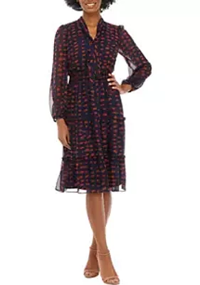Sandra Darren Women's Long Sleeve Tie Neck Dot Print Chiffon Dress