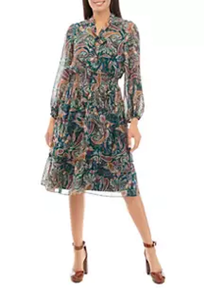 Sandra Darren Women's Long Sleeve Chiffon Printed Midi Dress