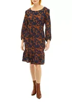 Sandra Darren Women's Long Sleeve Scoop Neck Floral Print Crepe Dress