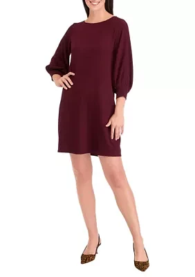 Women's Long Puff Sleeve Crew Neck Solid A-Line Dress