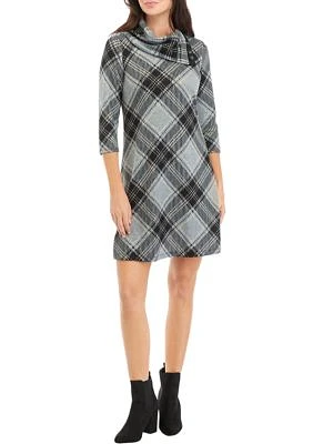 Women's 3/4 Sleeve Plaid A-Line Cozy Dress