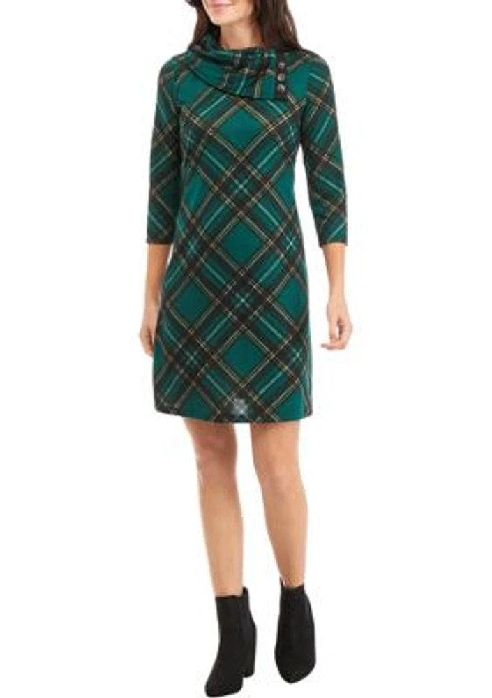 Women's 3/4 Sleeve Plaid A-Line Cozy Dress