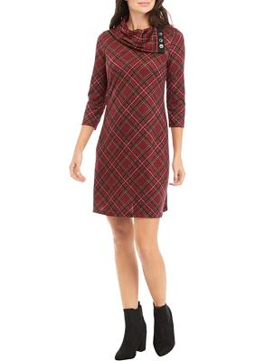 Women's 3/4 Sleeve Plaid A-Line Cozy Dress