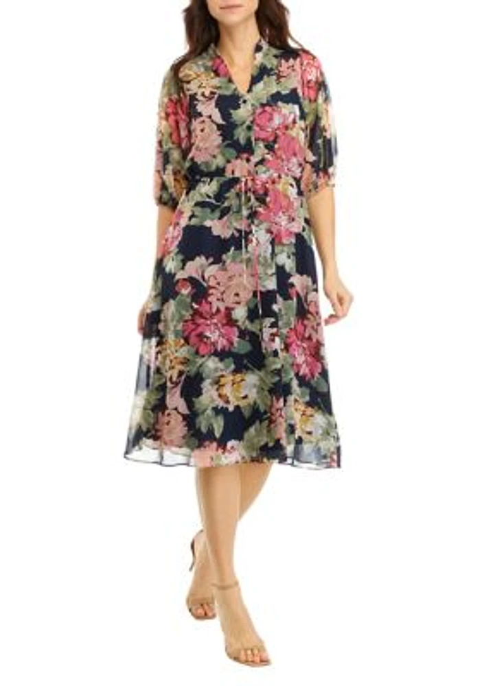 Women's 3/4 Sleeve V-Neck Floral Print Chiffon Dress