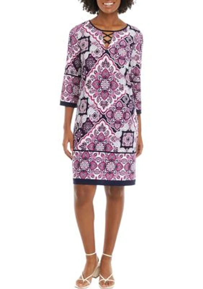 Women's 3/4 Sleeve Lace Neck Medallion Print Sheath Dress