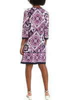 Women's 3/4 Sleeve Lace Neck Medallion Print Sheath Dress