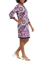 Women's 3/4 Sleeve Lace Neck Medallion Print Sheath Dress