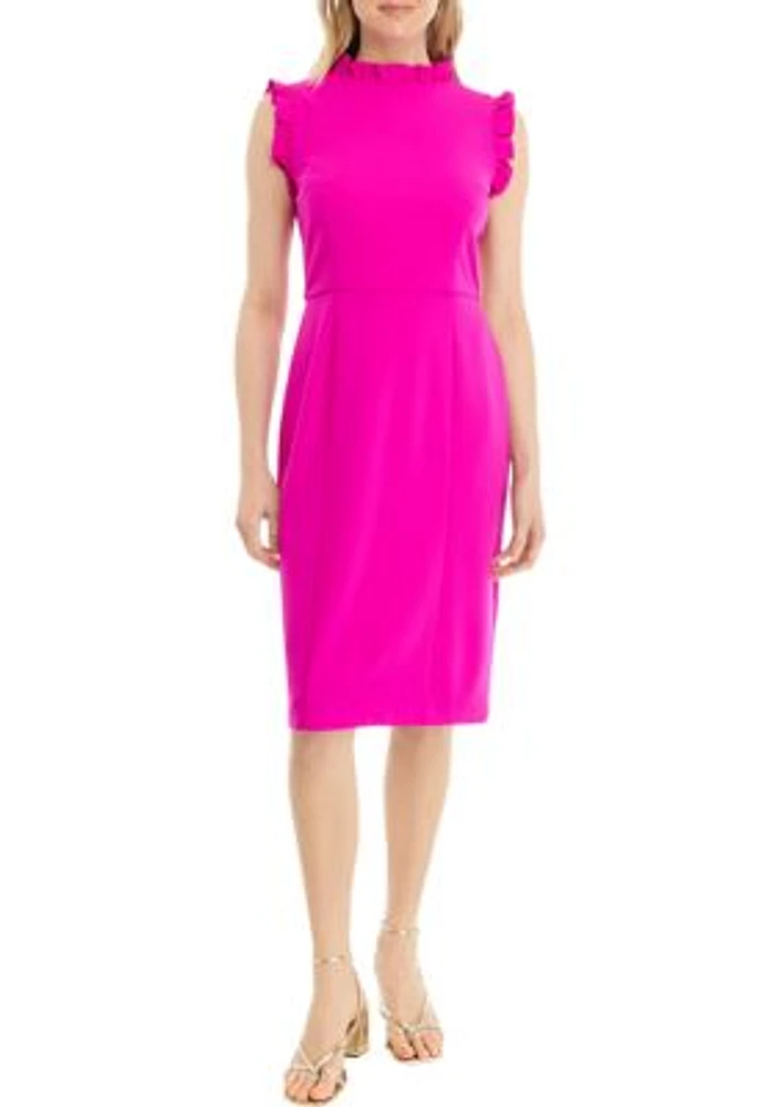 Women's Solid Ruffle Neck Scuba Sheath Crepe Dress