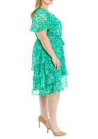 Plus Short Sleeve V-Neck Floral Tiered Fit and Flare Dress