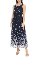 Women's Sleeveless Pleat Neck Ombré Floral Print Chiffon Maxi Dress