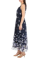 Women's Sleeveless Pleat Neck Ombré Floral Print Chiffon Maxi Dress