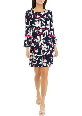 Women's Long Bell Sleeve Floral Print Sheath Dress