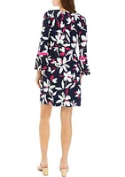 Women's Long Bell Sleeve Floral Print Sheath Dress